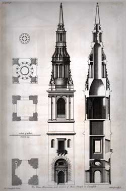 The Plans, Elevations and Section of Bow-Steeple in Cheapside... Vol. 2; Plate 26.