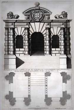 The Elevation of York Stairs to the River, London. Ins. by Inigo Iones 1626... Vol. 2; Plate 28.