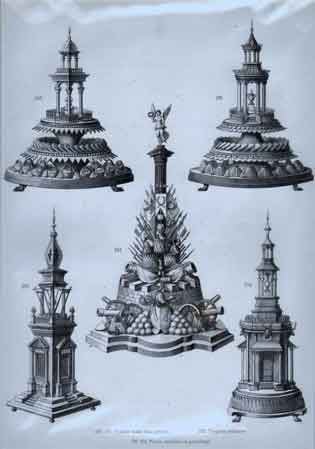 Plate 42:  290-291. Gradins ornes d’un pavillon.  292. Trophee militaire.  293-294. Pieces montees en pastillage.